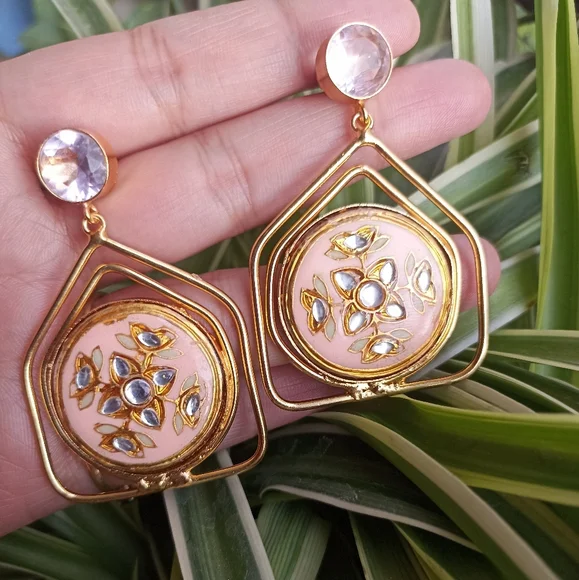 Handmade gold platted stone studded enameled drop earrings - Picture 3 of 10